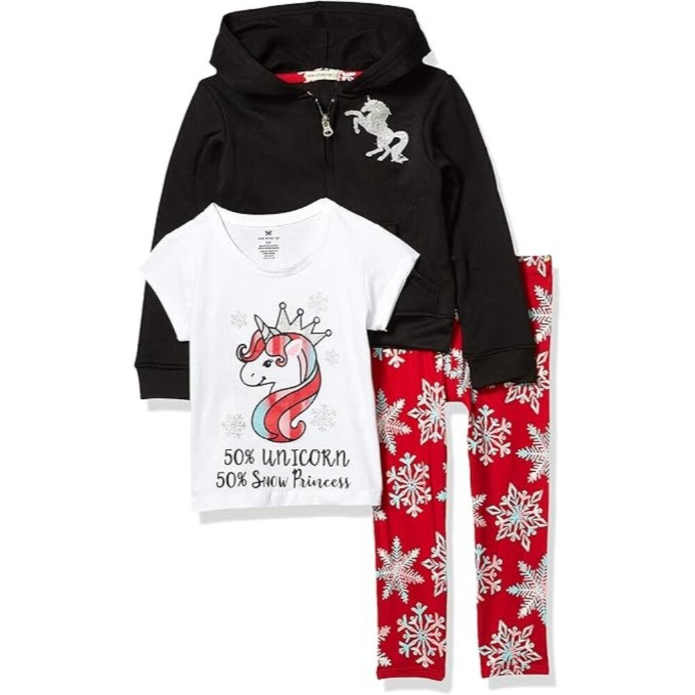 Girls 3 Pieces Legging Set Black Hoodie Unicorn, Small (4)